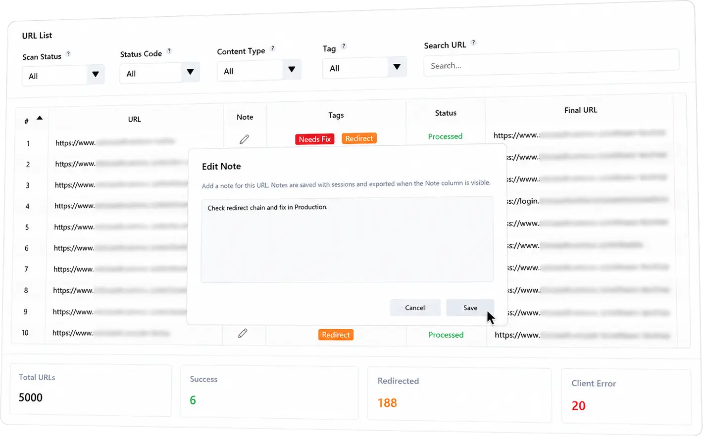 Bulk redirect review using notes and tags for migration follow-up