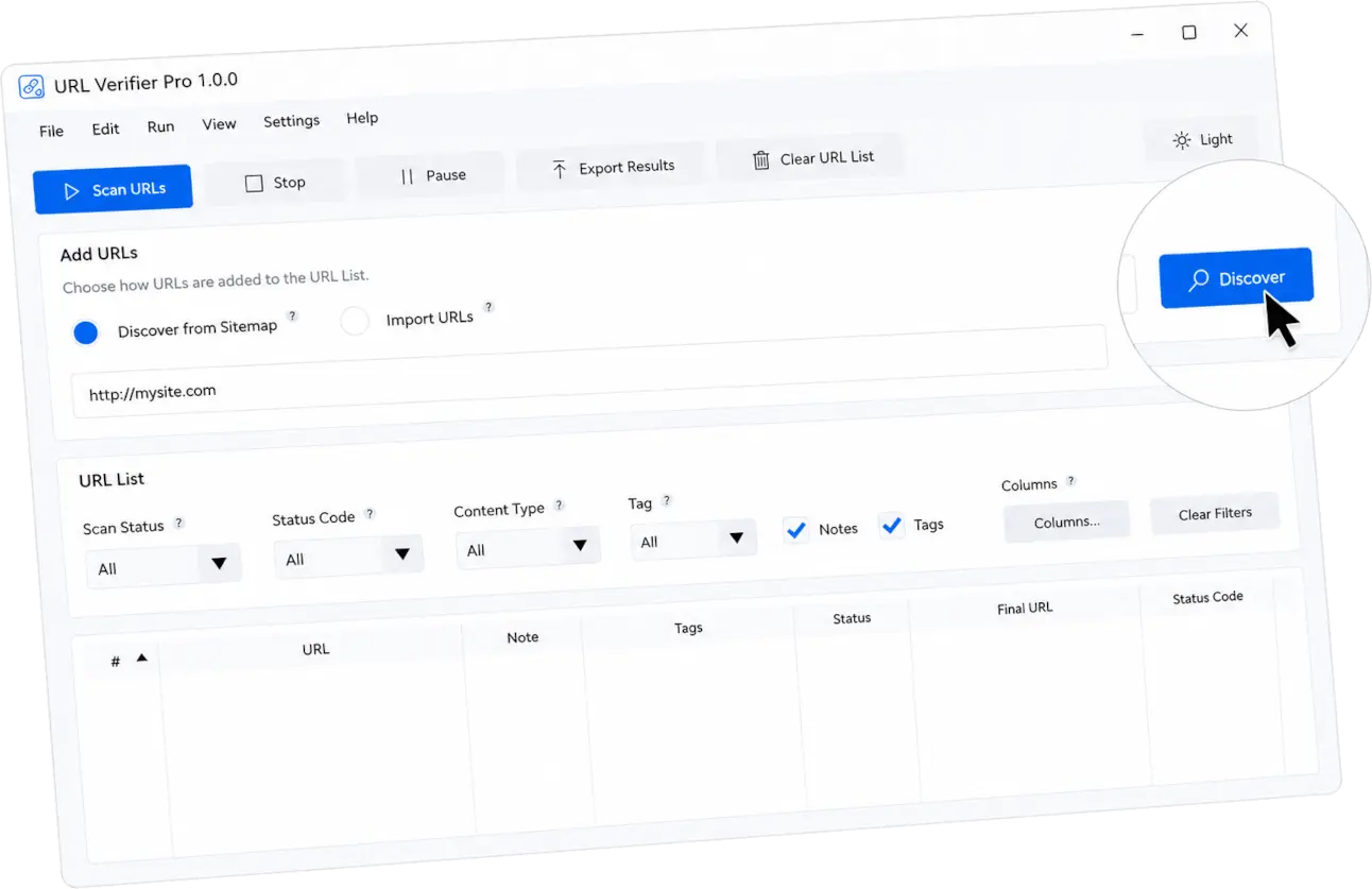 URL Verifier Pro audit workspace for checking large URL lists and exporting CSV reports