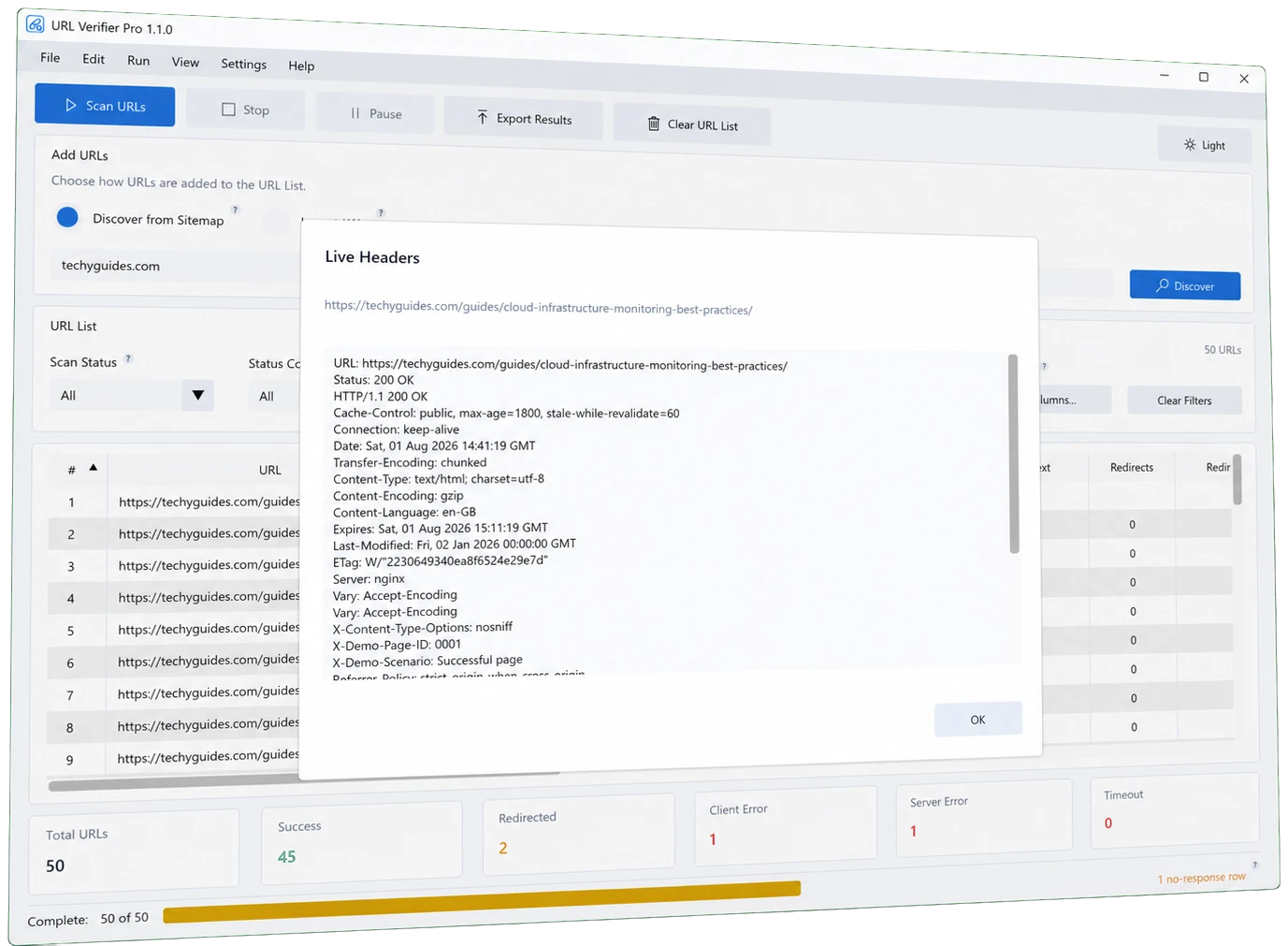 HTTP header checker displaying live response headers for a selected URL