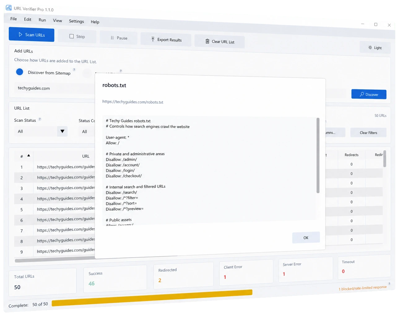 Robots.txt checker displaying the live robots.txt file for a selected URL