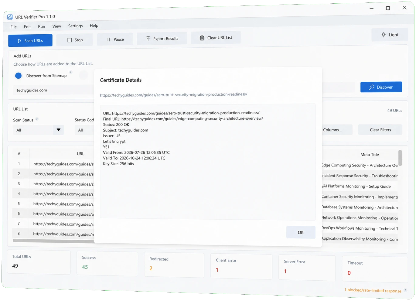SSL certificate checker displaying live certificate details for an HTTPS URL